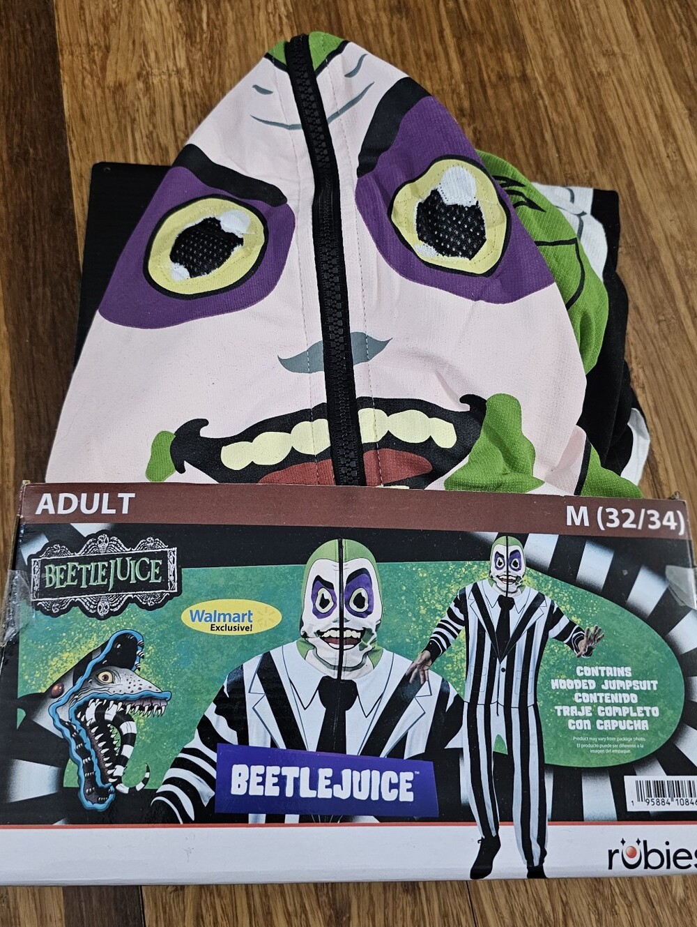 NEW Rubies Beetlejuice Zipster Mask-Up Adult Hooded Jumpsuit Costume Sz M 32-34